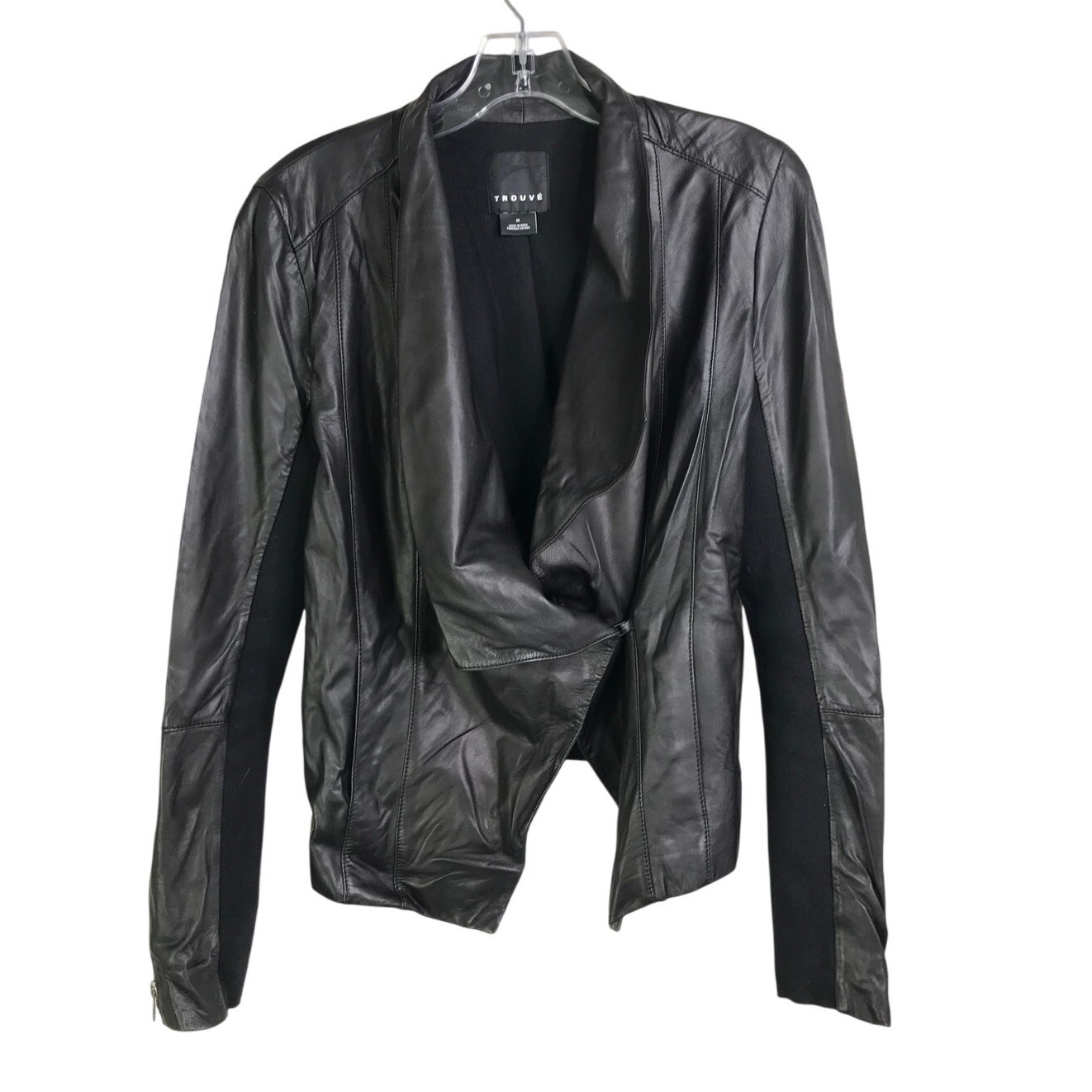 Trouve Leather Jacket Womens Size Medium Black Clasp Stretch Panels